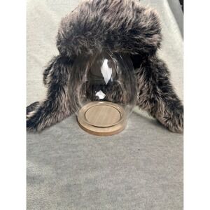 Wild Wear Black Faux Leather Trapper Hat Grey Faux Fur Aviator Cap OSFM